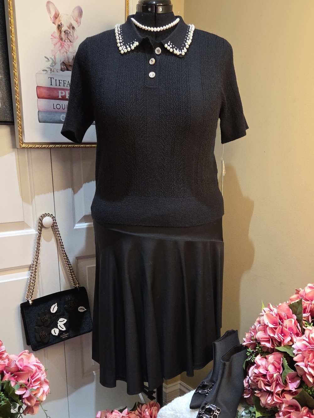 Nwt XL,M Nanette Lepore Black Pearl-Trim Knit Top